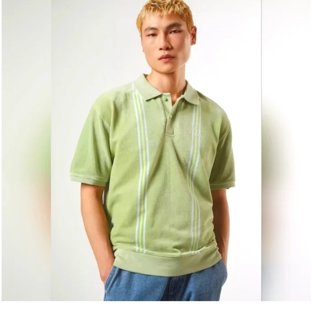 OBEY Urban Outfitters Green Stefano Velour Striped Polo Shirt Sz Large